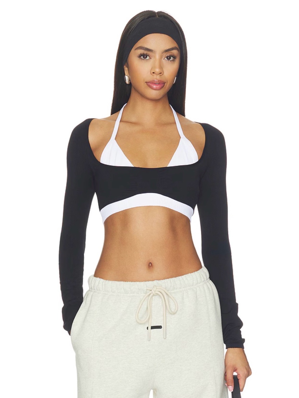 Free People Black Long Sleeve Cropped Shrug with White Trim - Women